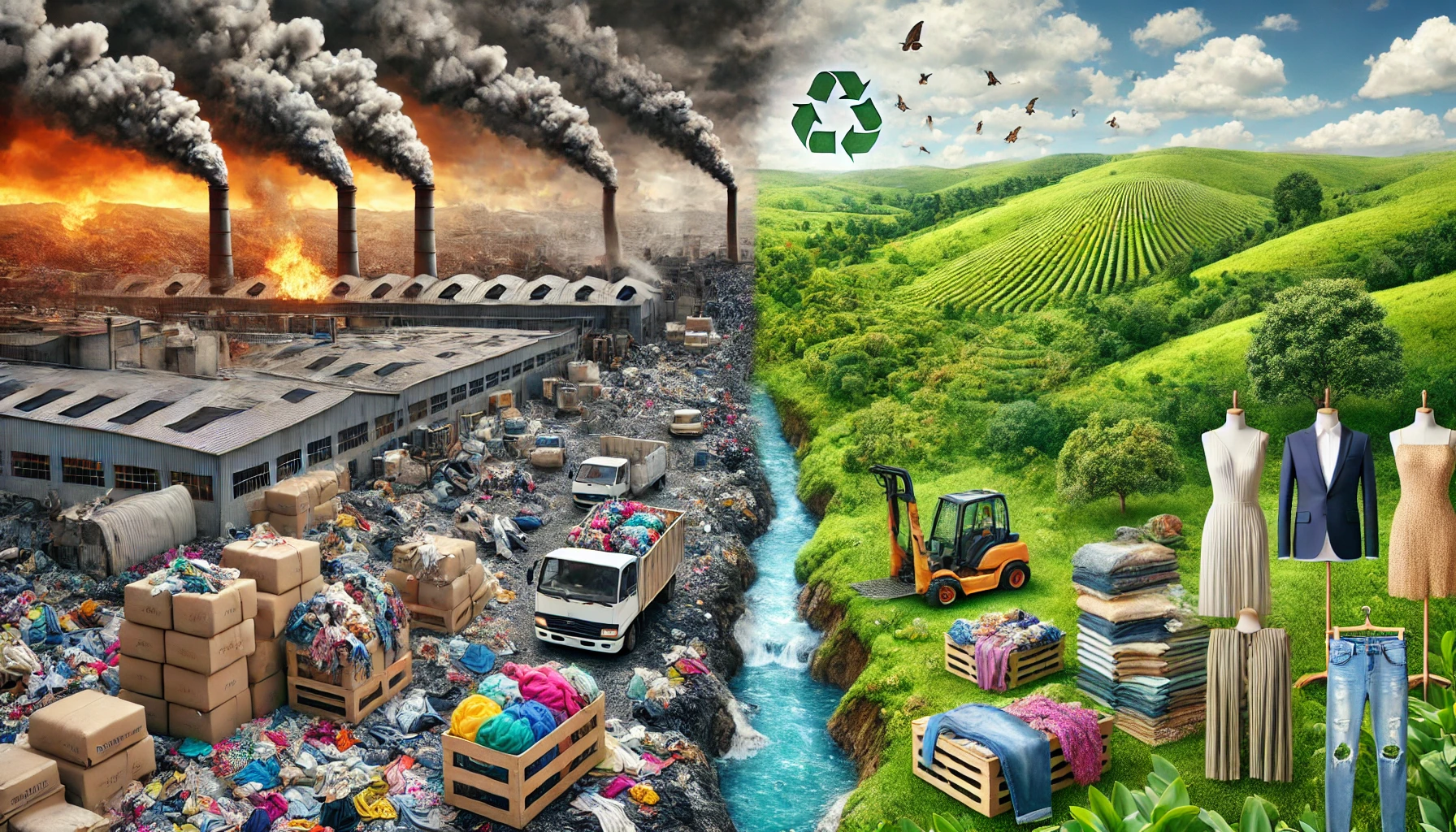 image illustrating the bifurcation of the fashion industry, showing the environmental impact of fast fashion versus sustainable